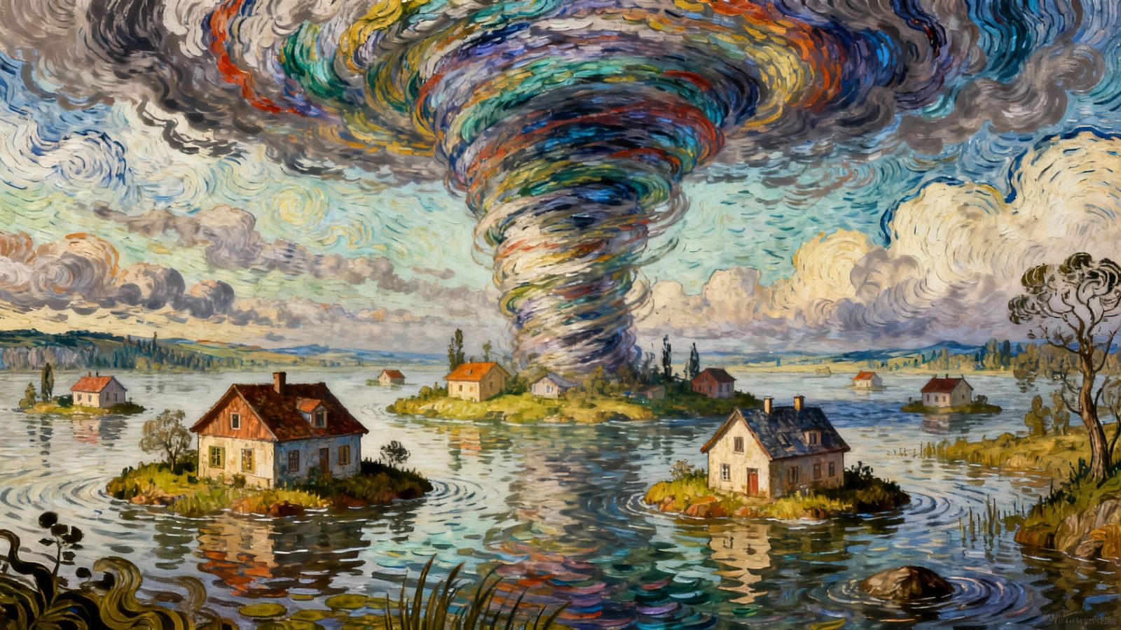 Surreal Flooded Islands in Tornado Landscape