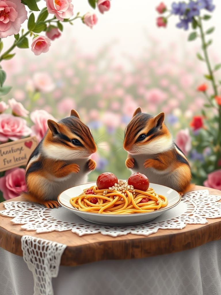 Romantic Garden Scene with Chipmunks and Steaming Spaghetti