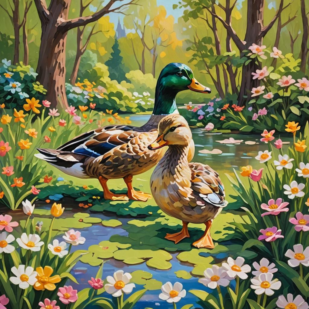 Mother Duck Amigurumi in Impressionist Gouache Style