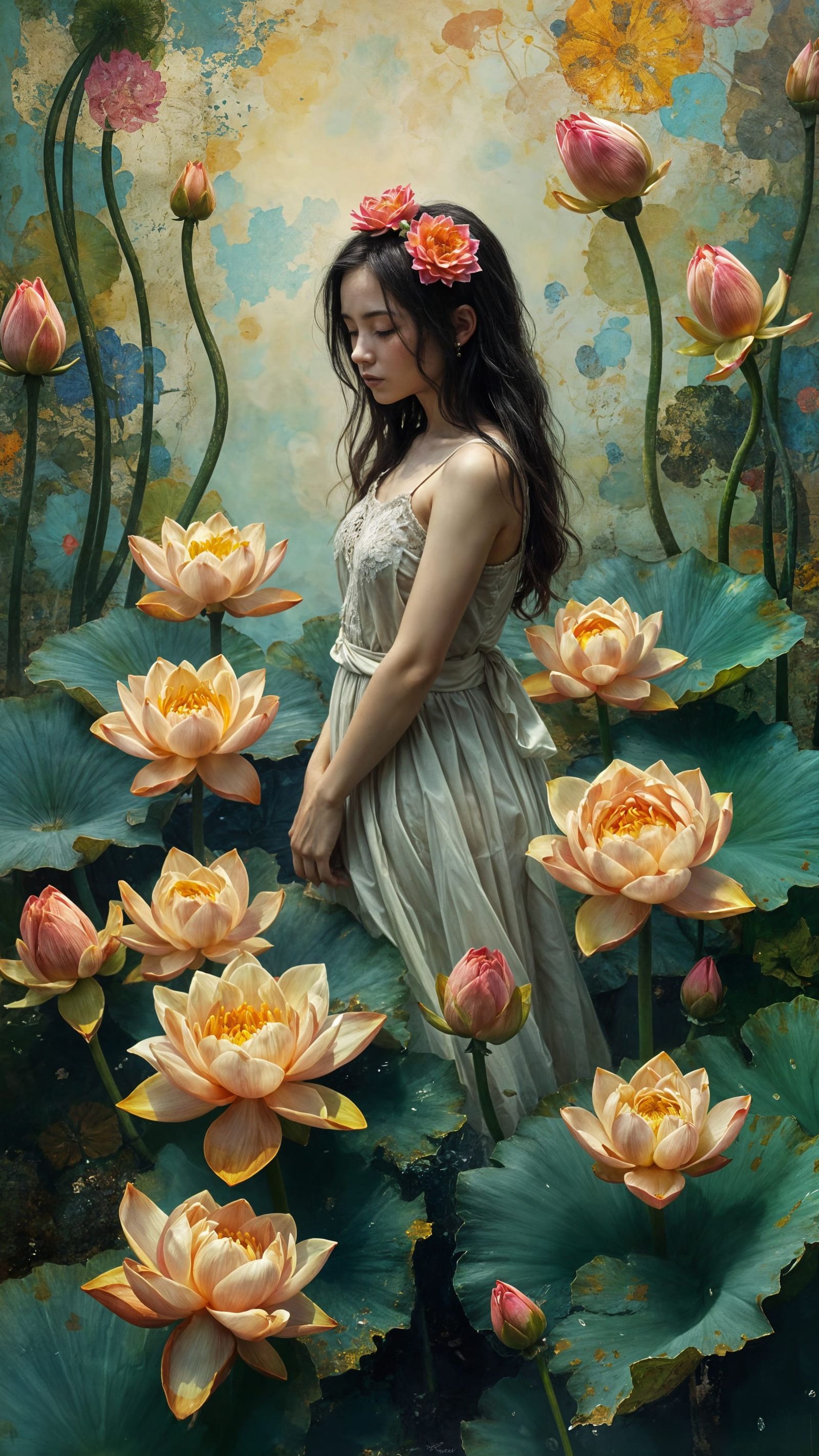 Girl in Lotus Dreamscape: Trashpunk Surrealism