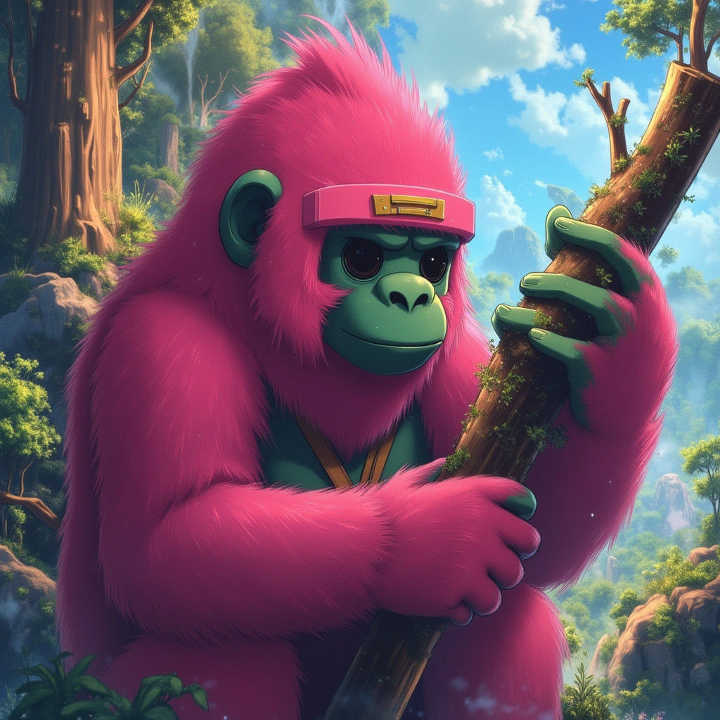 Majestic Pink Gorilla Holding Ancient Stick