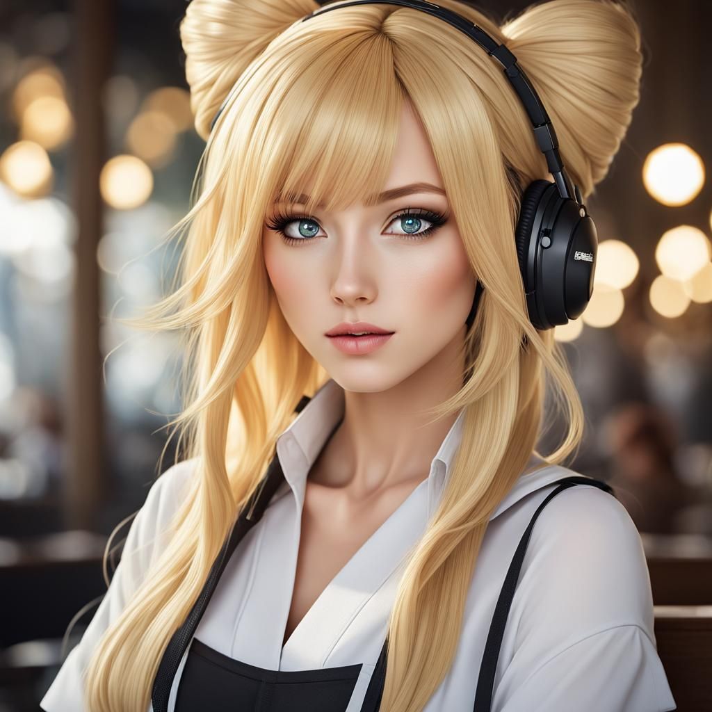 Anime waifu blonde cute GORGEOUS, less clothes on, full body photo, realistic photo, dept effect,