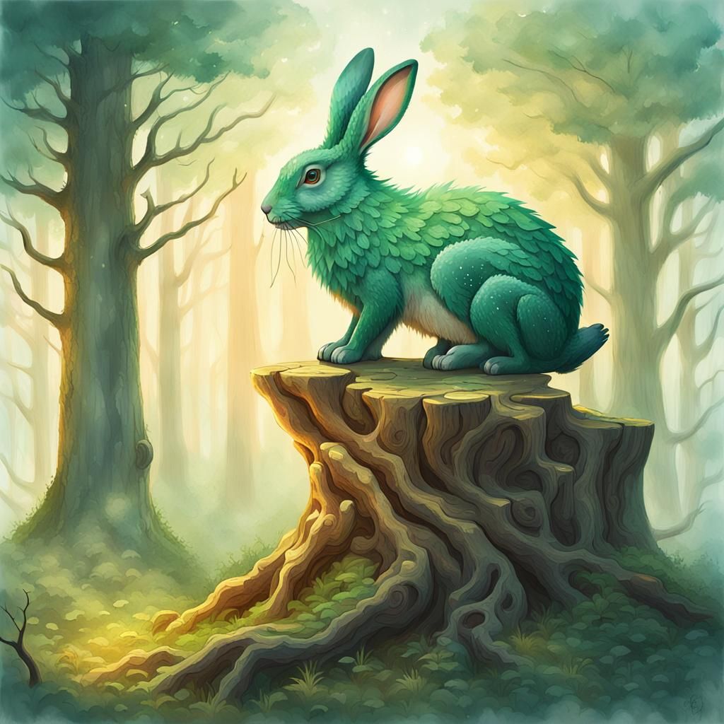 Rabbit Dragon in Misty Forest: Watercolor Fantasy Art