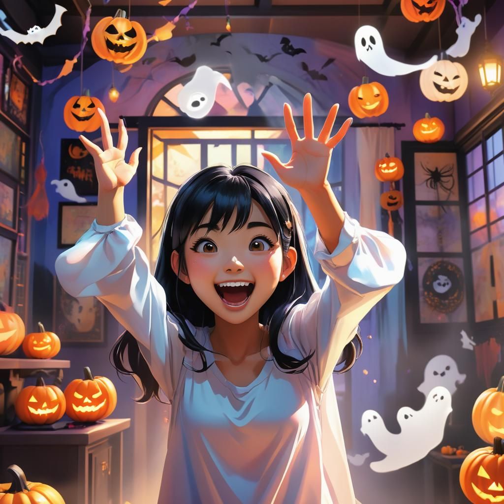 Playful Teenage Ghost in Whimsical Anime Style