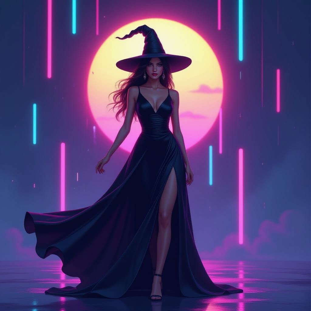 Mystical Neon Witch in Digital Painting Style