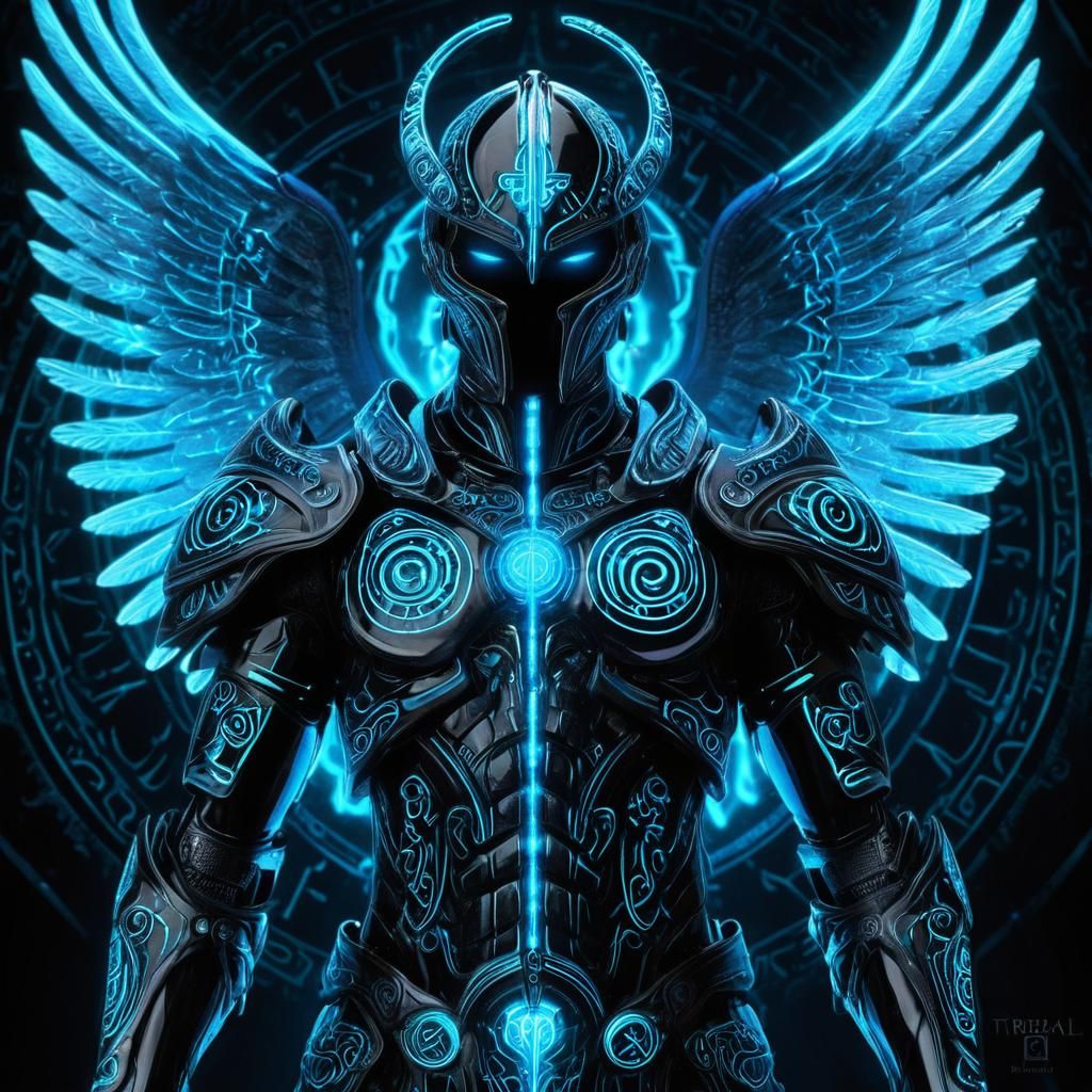 Biomechanical Angel in Onyx Armor with Bioluminescent Runes