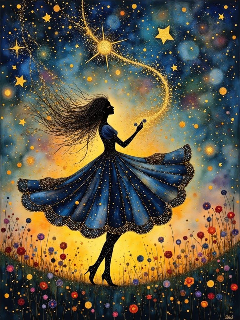 Whimsical Goddess Dances Among Wildflowers in Cosmic Harmony