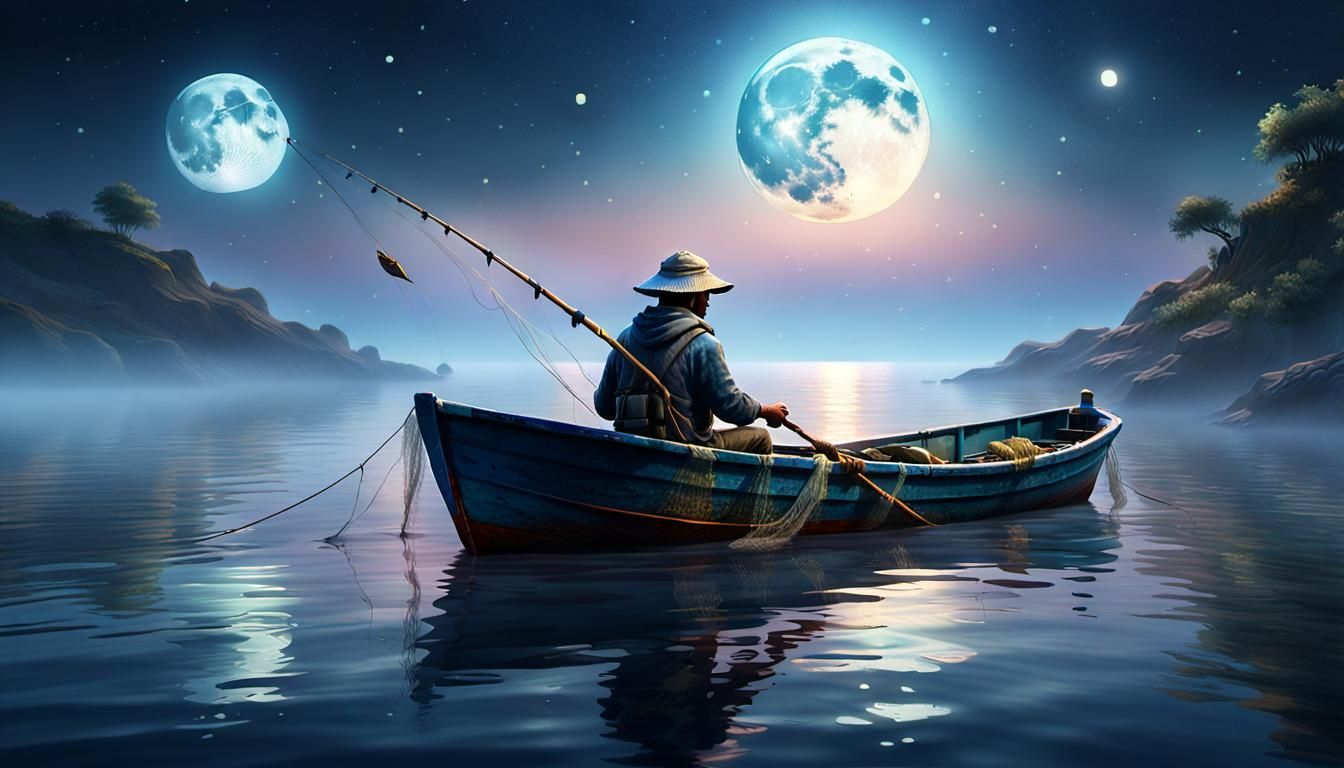 Fisherman at Sea Under Moonlight: Naive Art Portrait