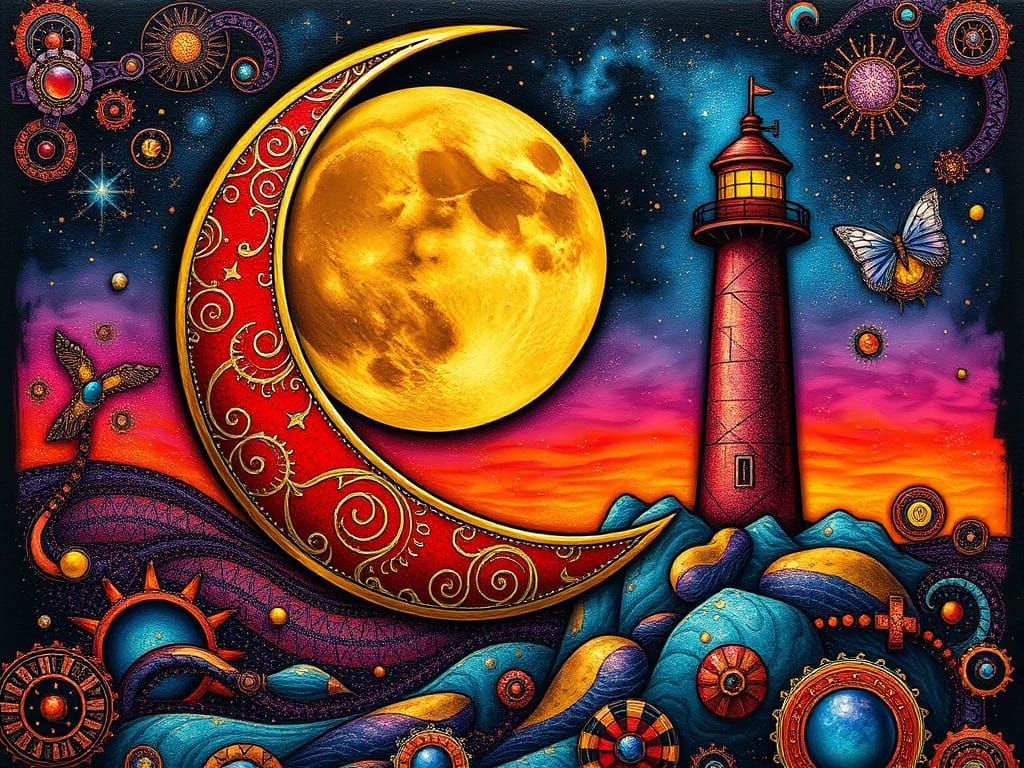 Cyberpunk Steampunk Lighthouse under Crescent Moon