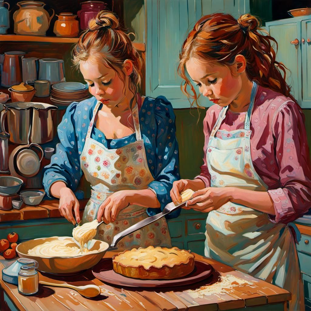 Sisters Baking, Impressionist Impasto Style