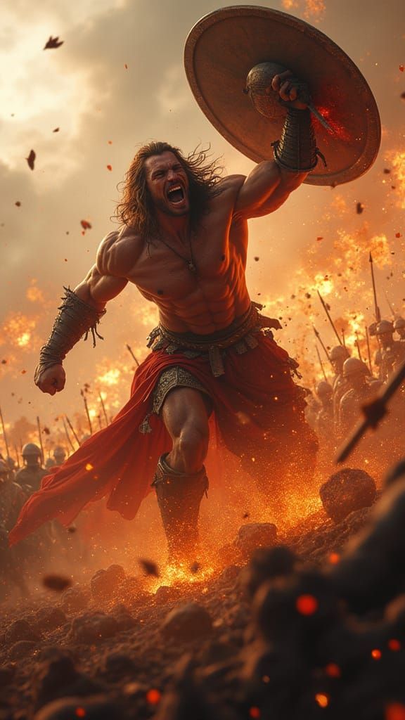 Hyper-Realistic Fantasy War Scene: Colossal Warrior in Battl...