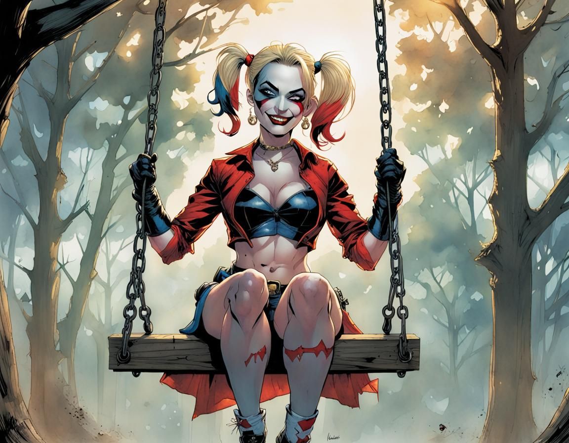 Harley Quinn on Swing in Acrylic Comic Style