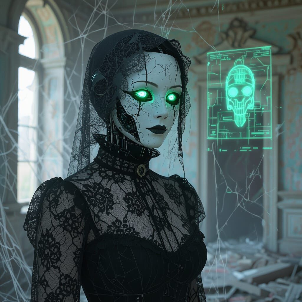 A hauntingly beautiful portrait of a melancholic android draped in vintage lace, standing in a derelict mansion filled w...