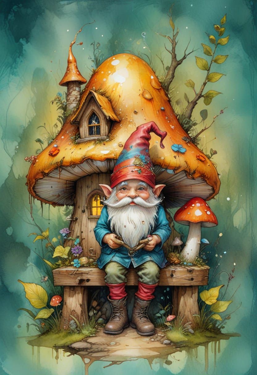 Enchanting Gnome in Whimsical Watercolor-Inspired Wonderland