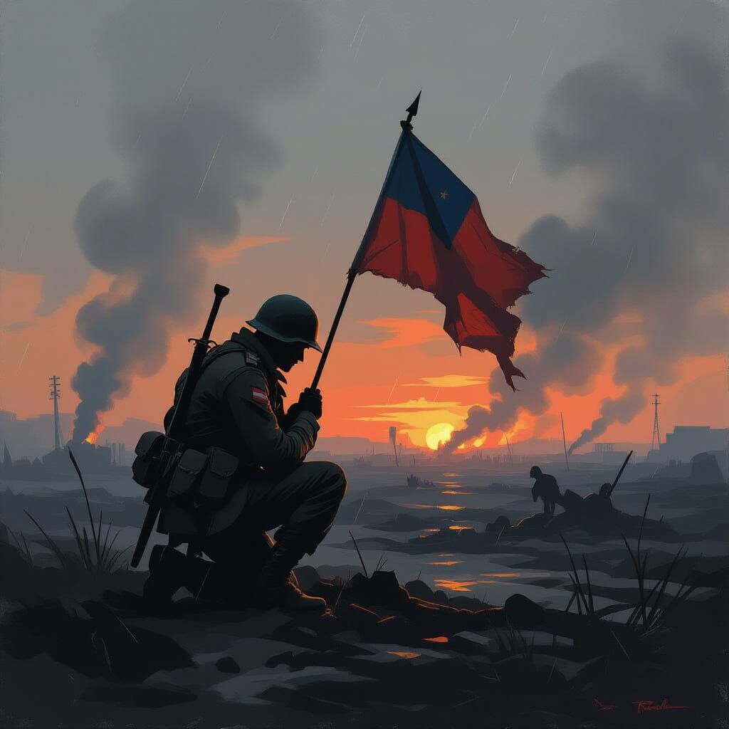 Soldier Kneeling in Smoky Battlefield at Dusk, Painterly Sty...