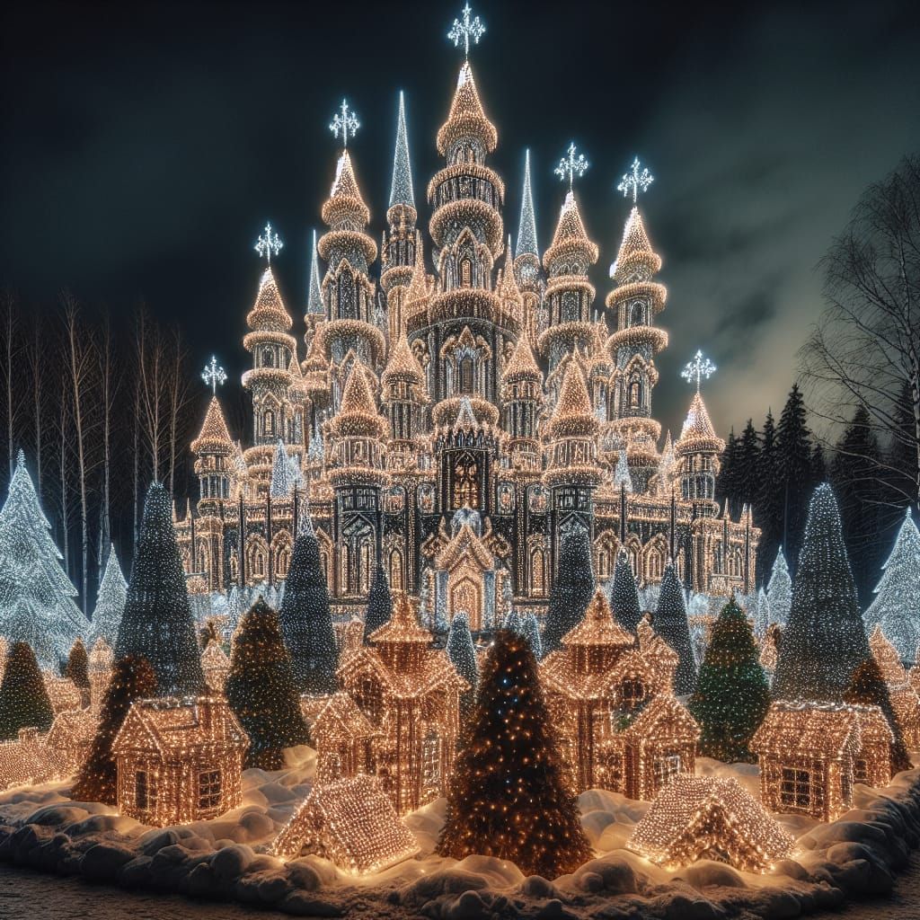 Winter Wonderland Castle Illuminated in Hyperrealistic Detai...