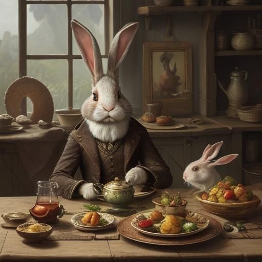 Rabbit Contemplates Tea, Inspired by Classic Art
