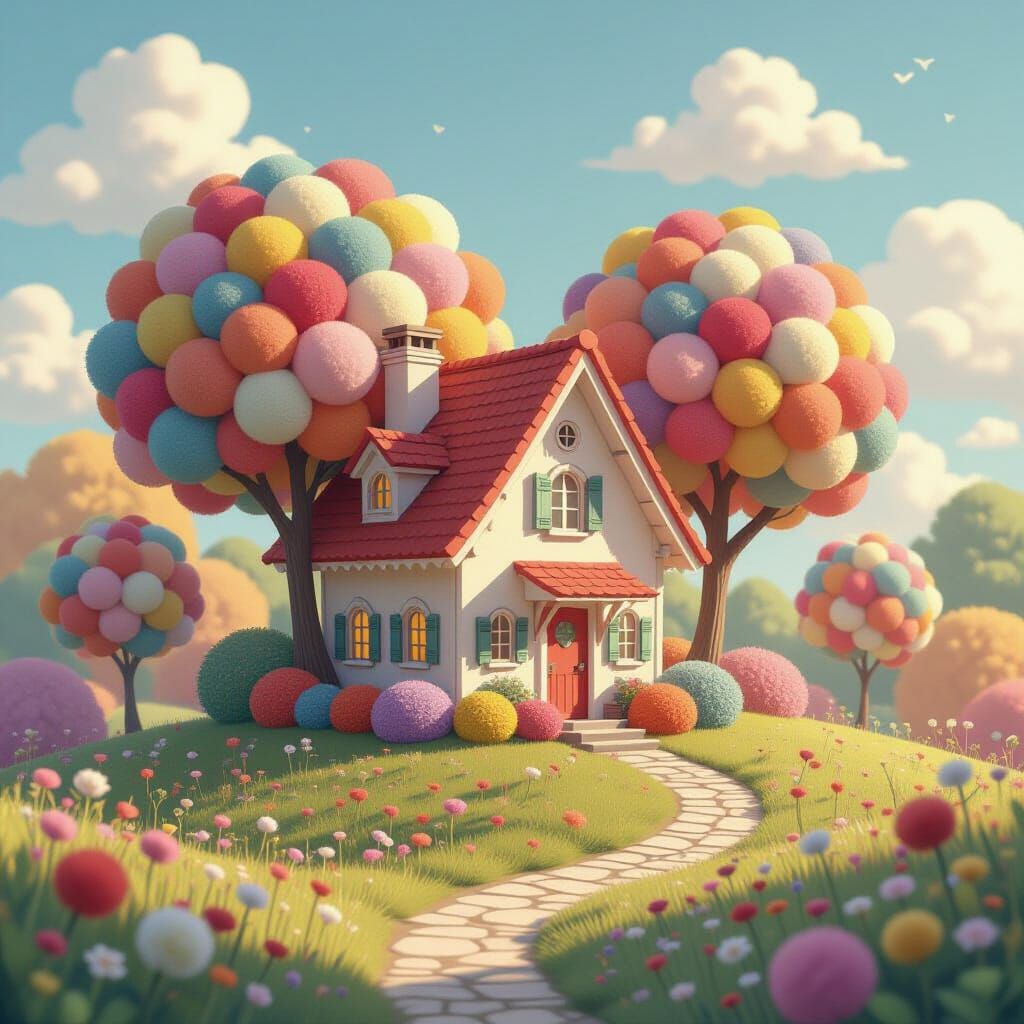 Whimsical Pom-Pom House in a Dreamy Landscape