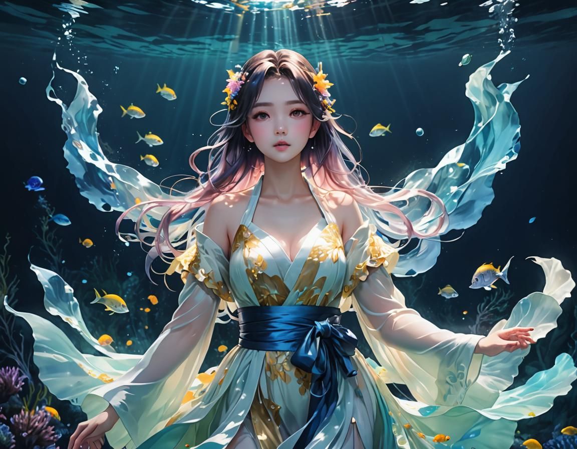 Underwater Anime Character in Flowing Robes