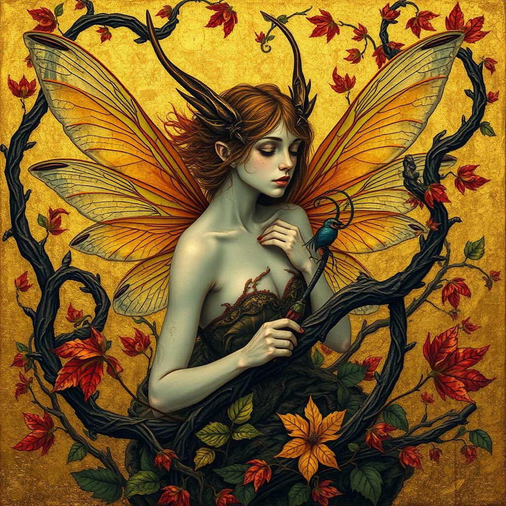 Autumn antlered god dragon fly winged fairy  altar piece by ...