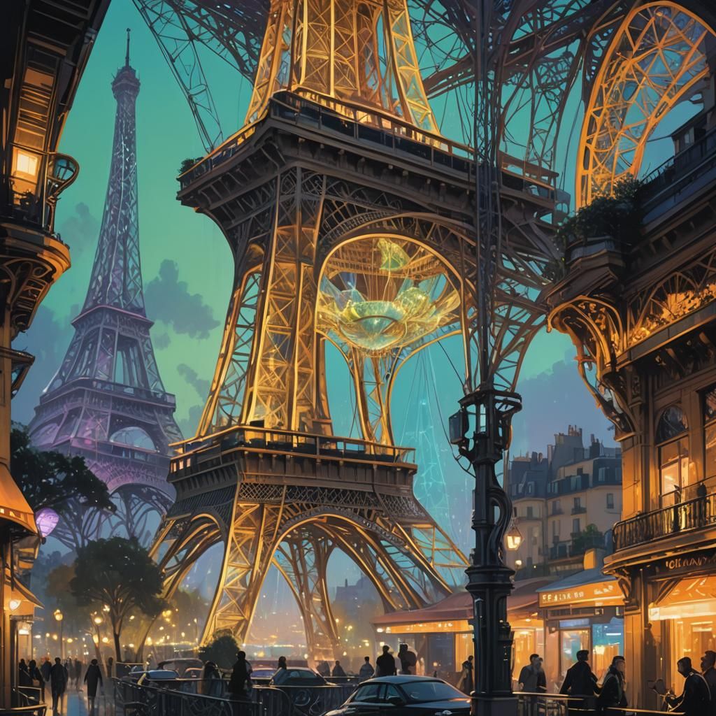 Eiffel Tower Transformed by Alien Entity in Cyberpunk Style