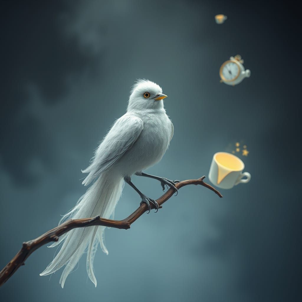 A surreal, ethereal white bird with shimmering silver yarn-feathers perches gracefully on a twisting, floating branch su...
