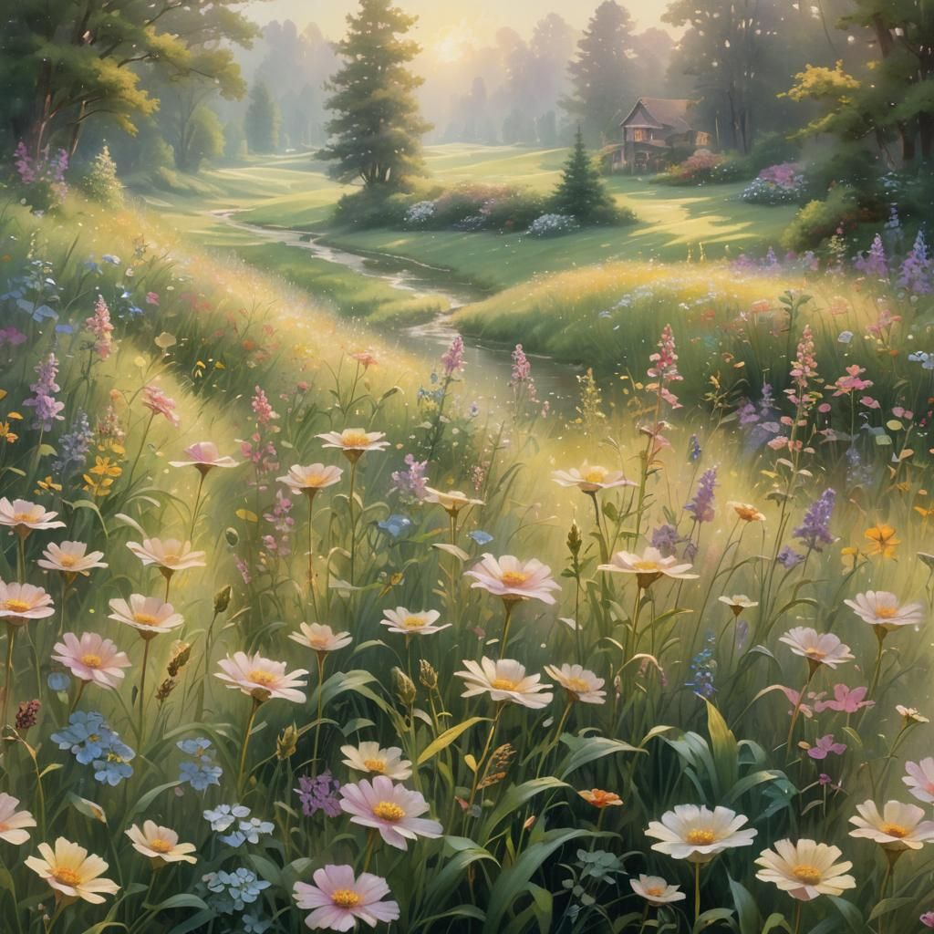 Sunlit Meadow with Flowers in Impressionist Style