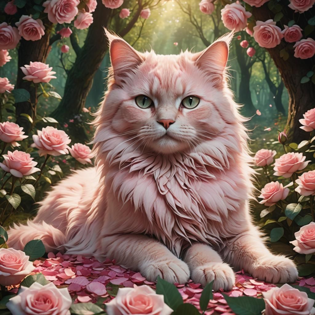 Pink Cat in Rose Forest: Whimsical Matte Painting