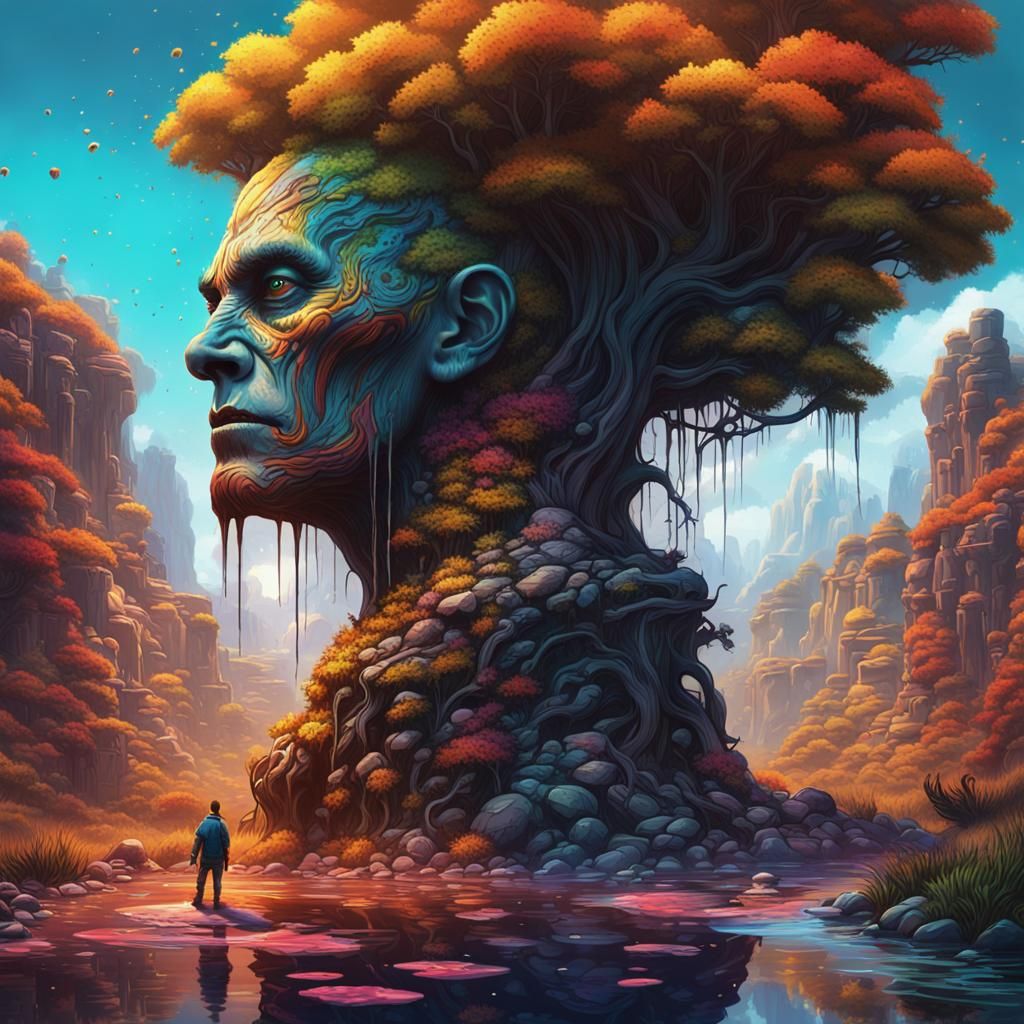 Solitary Figure in Detailed Fantasy Landscape