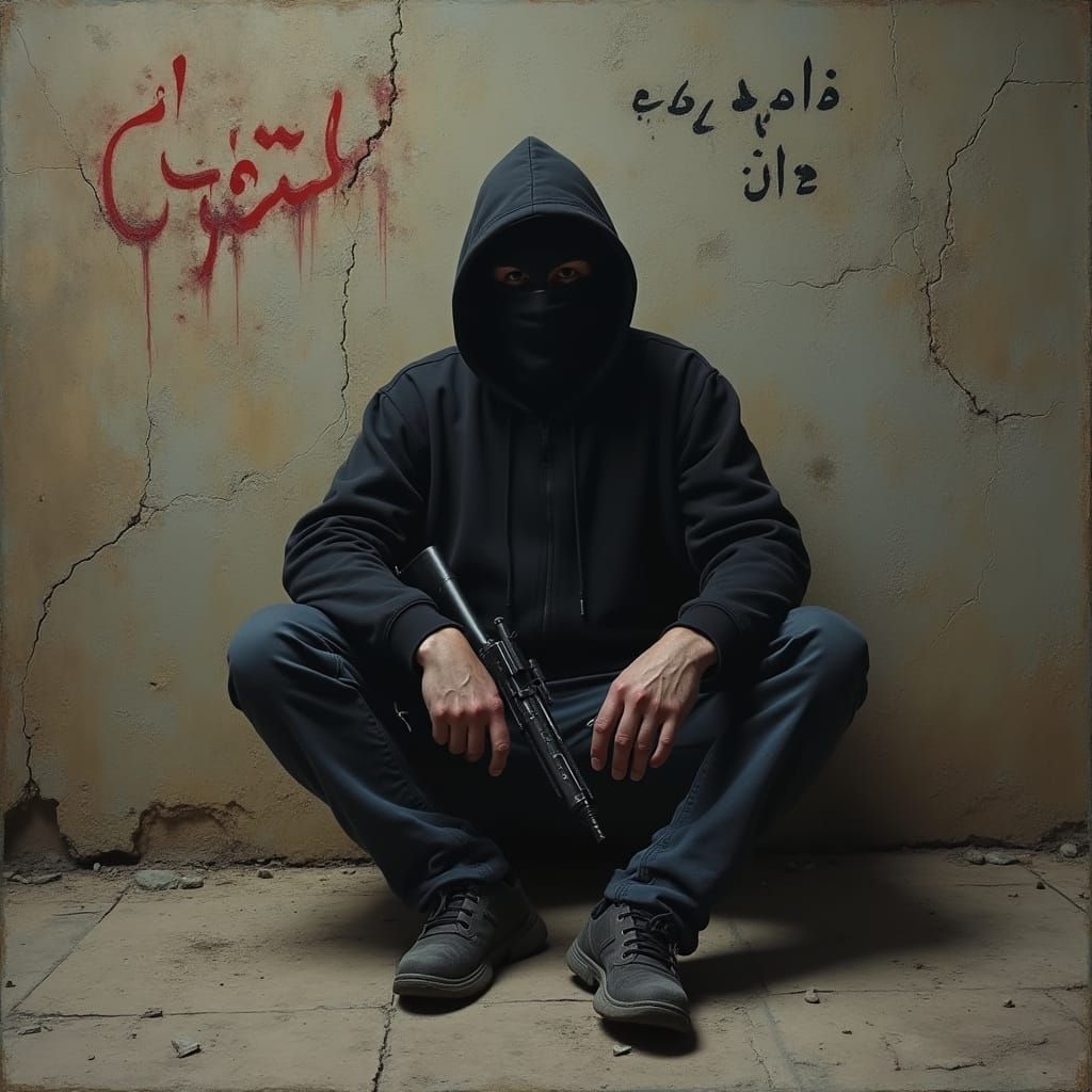 Figure in Shadowy Graffiti Room: Gritty Realism