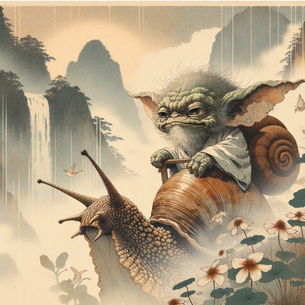 Gremlin on Snail in Ukiyo-e Dreamscape
