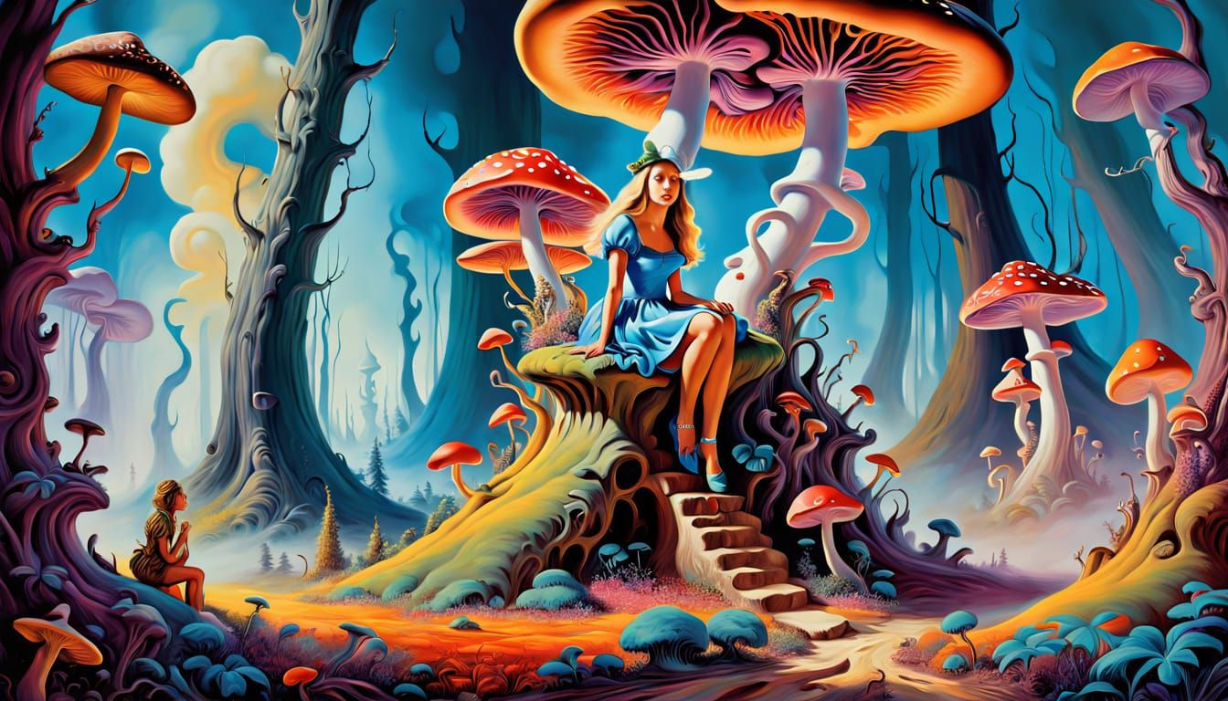 Whimsical Wonderland Scene with Smoking Caterpillar