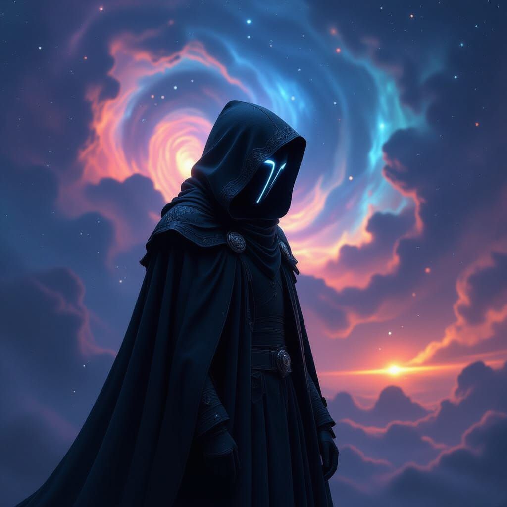 Cloaked Figure Silhouetted Against Swirling Nebula in Cosmic...