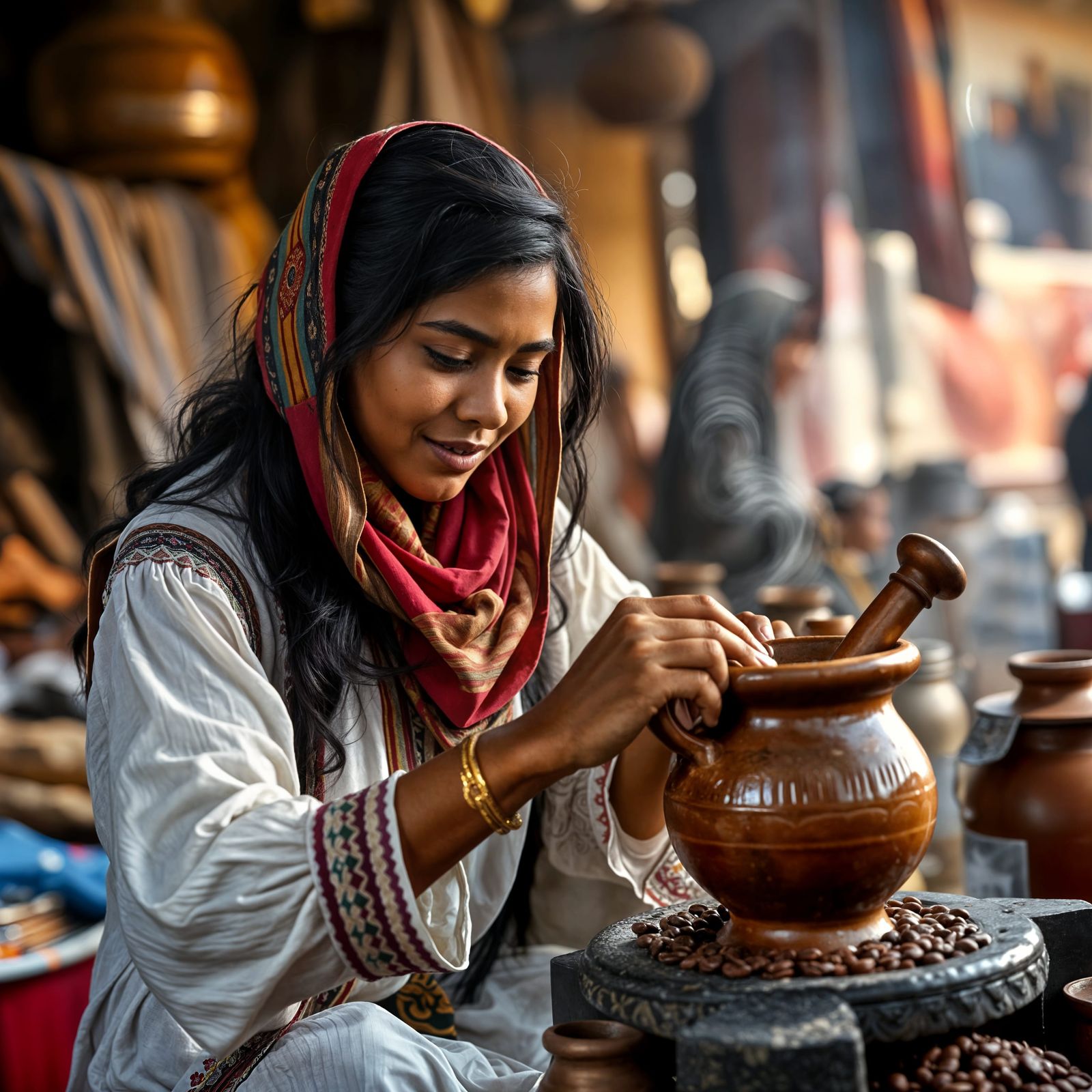 Young Ethiopian Woman in Traditional Coffee Ceremony