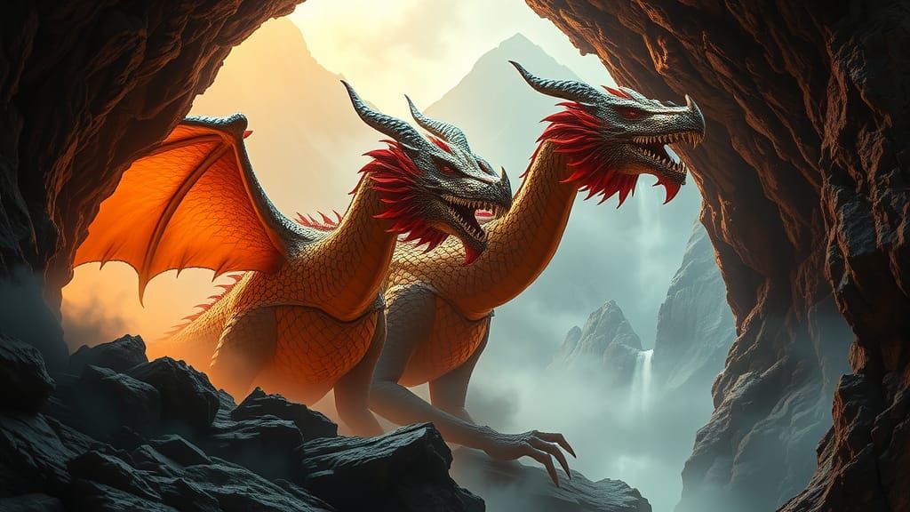 Three-Headed Golden Dragon Emerges from Mountain Cave