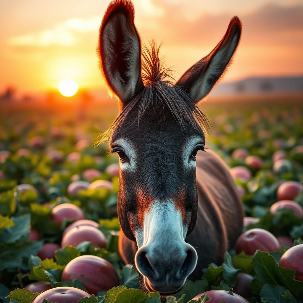 Majestic Donkey in a Vibrant Watermelon Field at Sunset