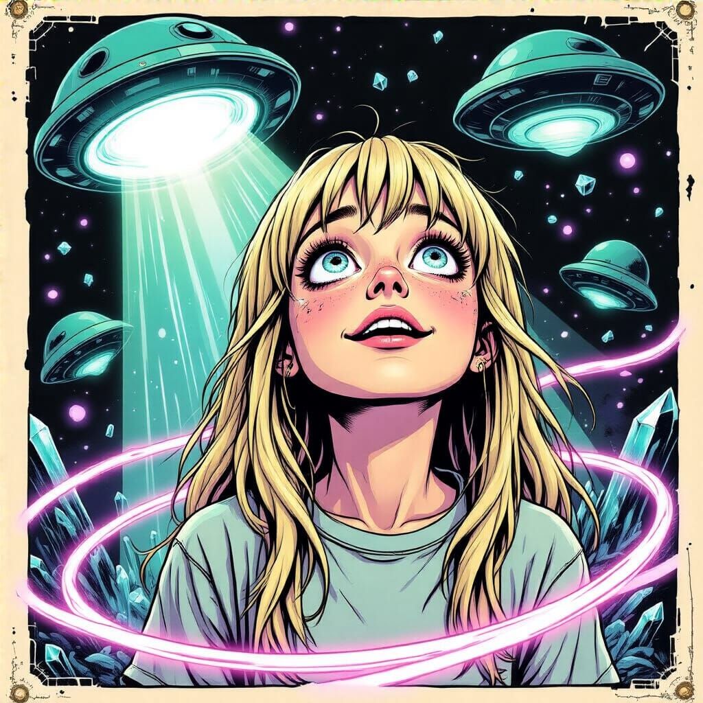 Girl's Alien Abduction in Retro Comic Style