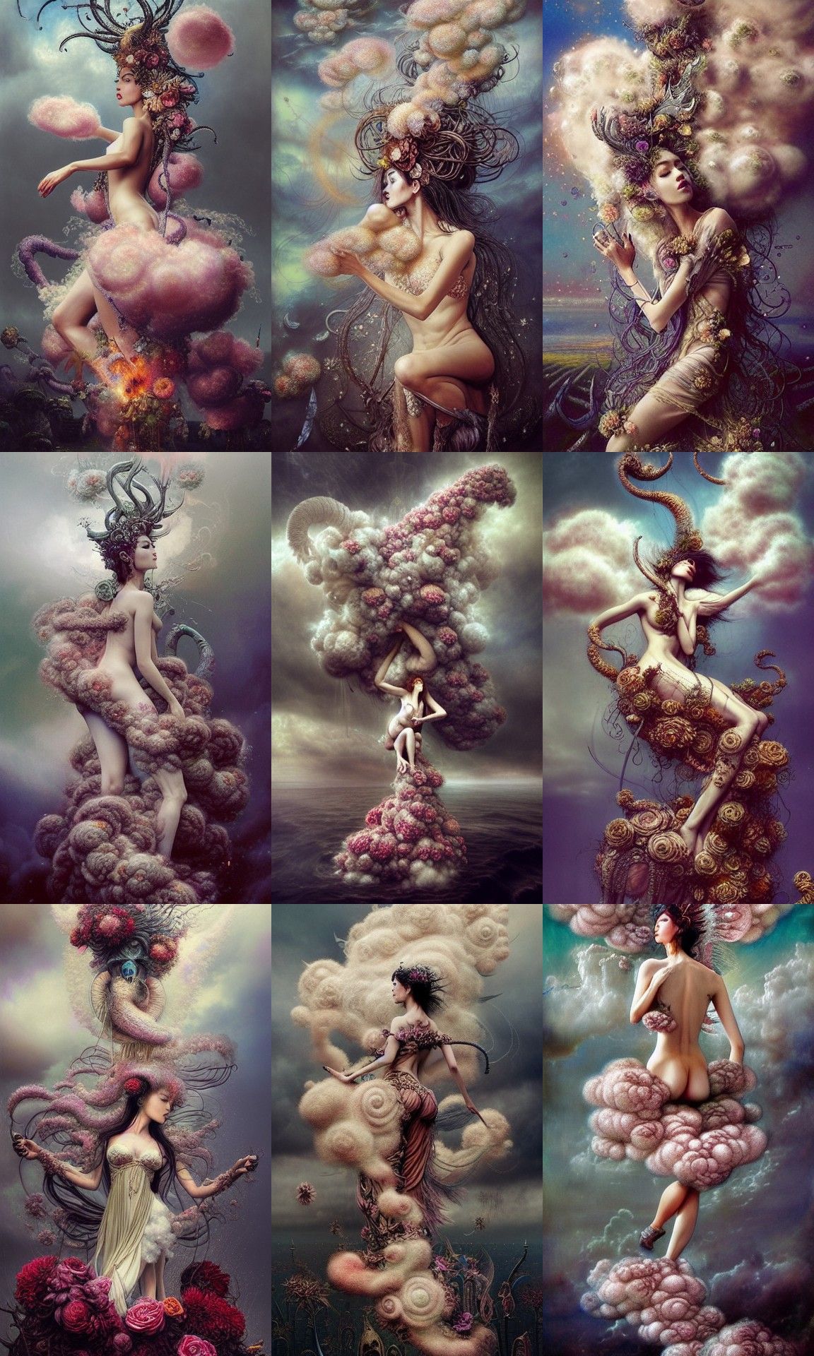 Floral Goddess in a Fiery Cloud: Surreal Illustration