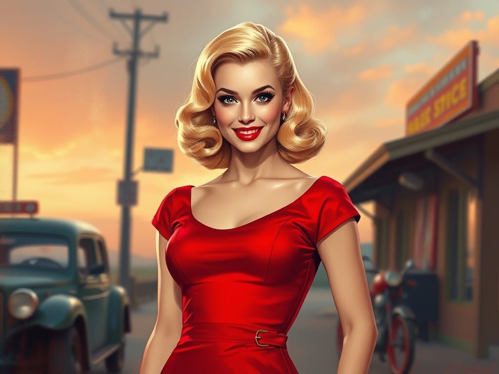 1950s Pin-Up Woman in Red Dress, Vintage Melancholy