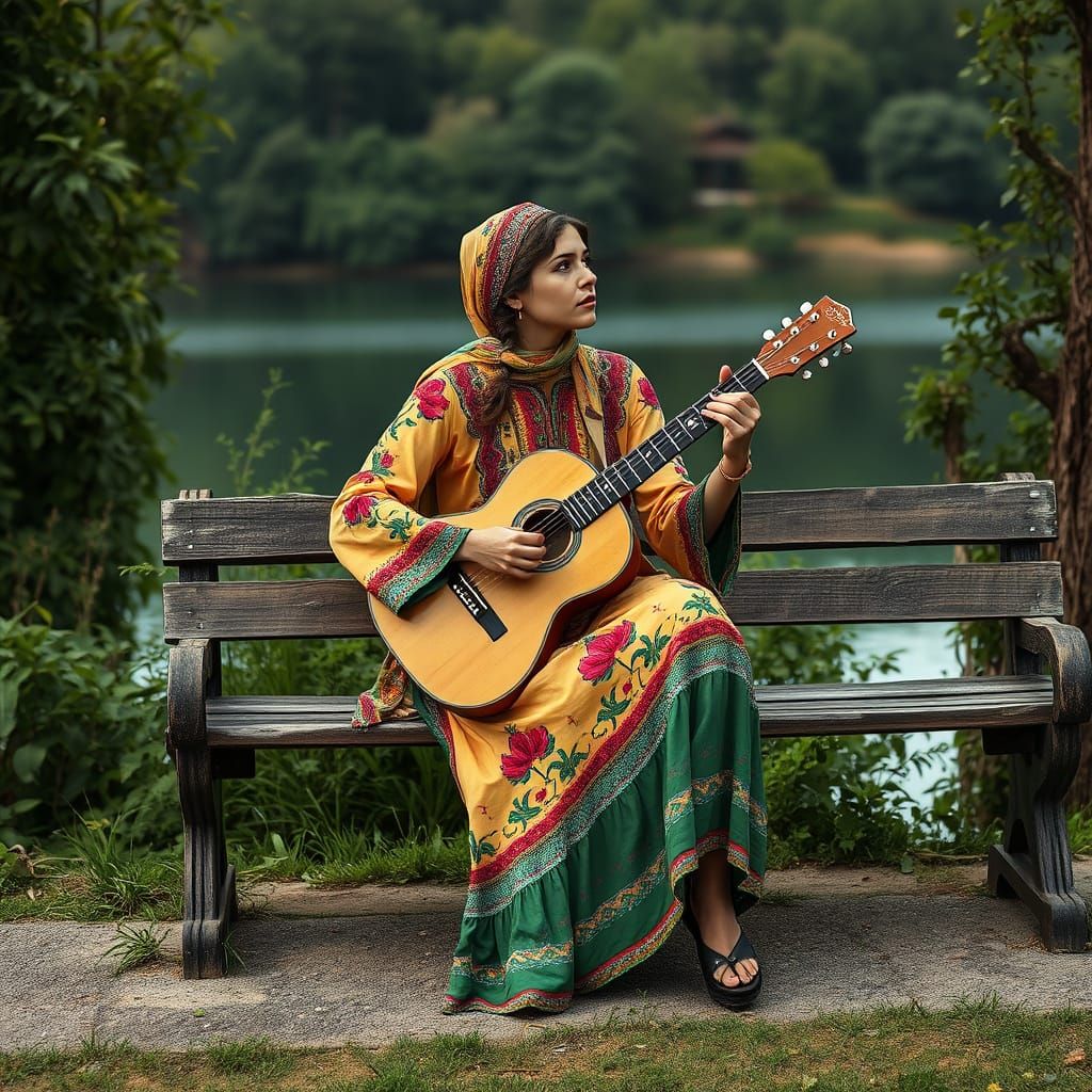 Gypsy Woman Playing Guitar in Hyperrealistic Style