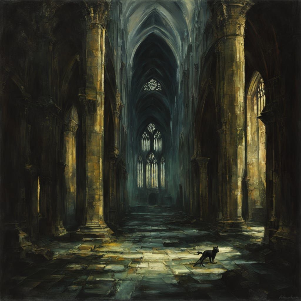 Black Cat in Gothic Cathedral Ruins Oil Painting