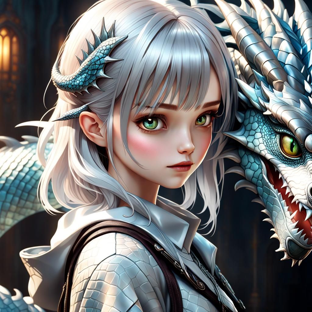 Girl Riding Dragon with Silver Hair in Dreamy Style