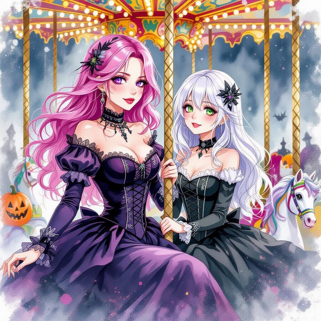 Gothic Halloween Carousel Ride in Watercolor Style