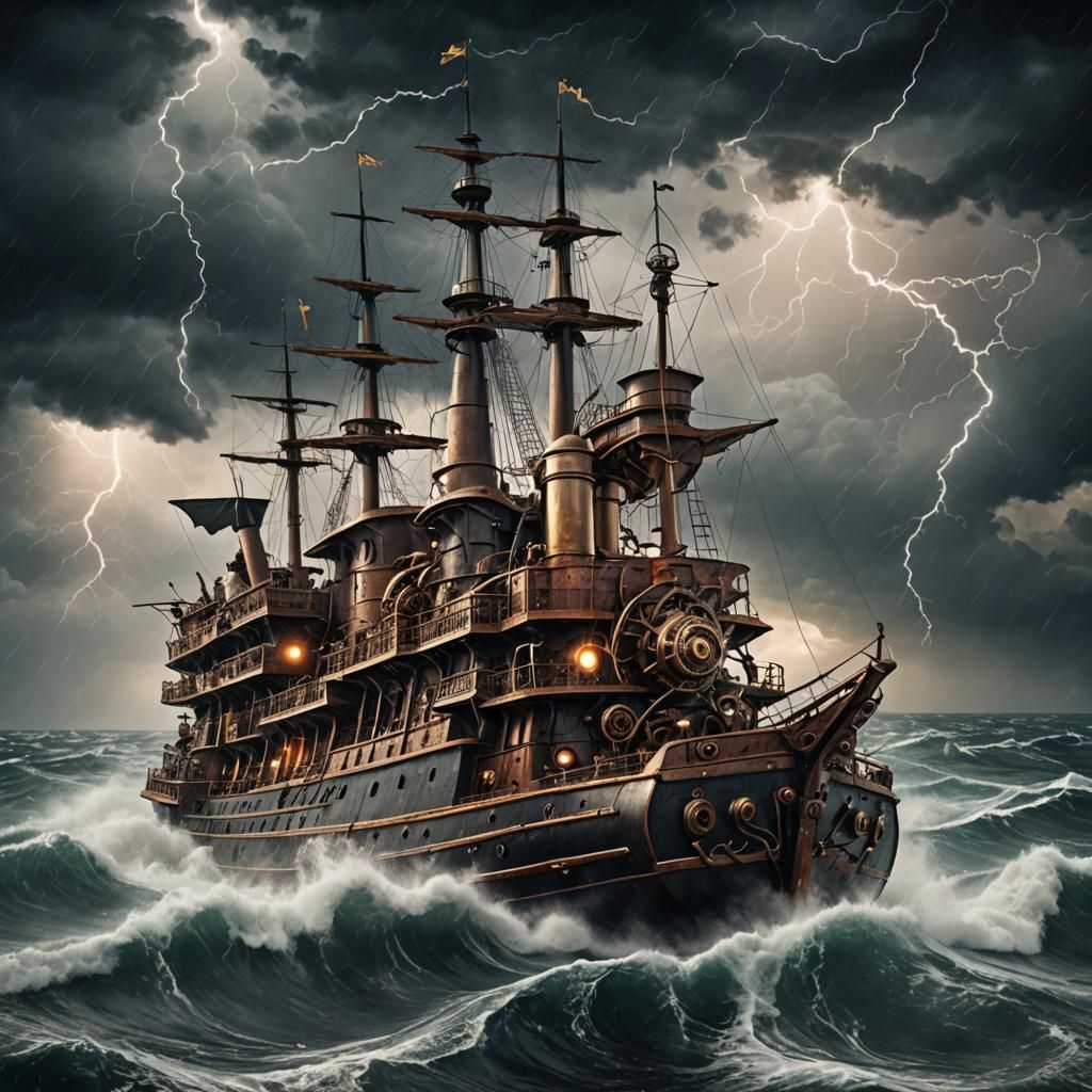 Steampunk Ship Navigates Stormy Seas with Lightning