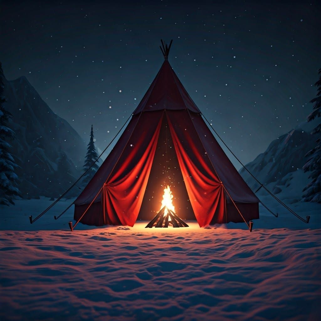 Winter Wonderland Scene with Red Tent and Fire