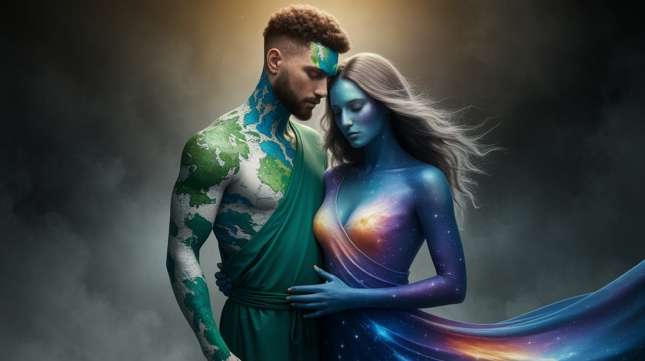 Earth Man and Nebula Woman in Celestial Embrace