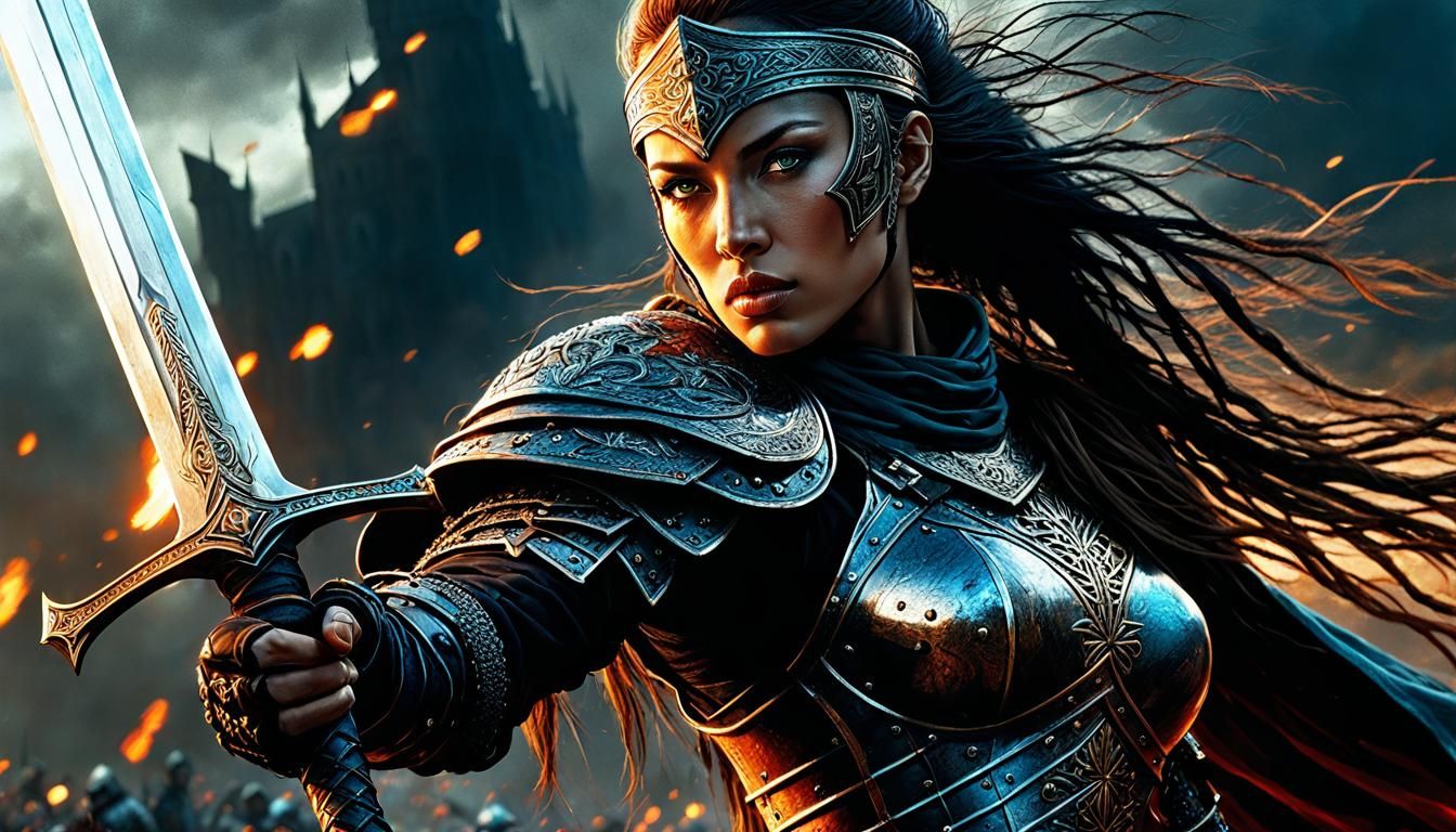 Epic Dark Fantasy Warrior in Battlefield Scene