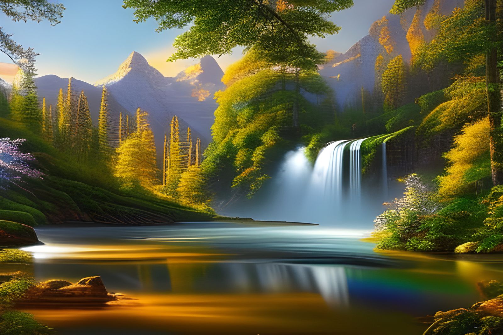 "Gorgeous hyper-detailed Canadian Cottage with Waterfalls, Mountains and wildflowers at golden hour:: masterpiece creati...