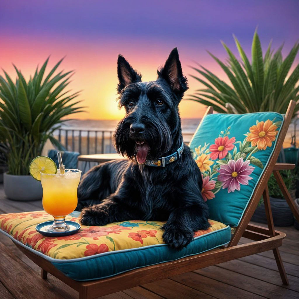 Scottish Terrier Lounging with Margarita, Digital Art
