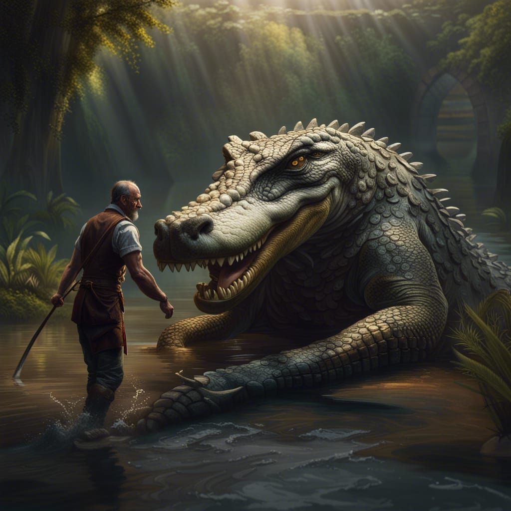 Man Wrestling Crocodile by a River